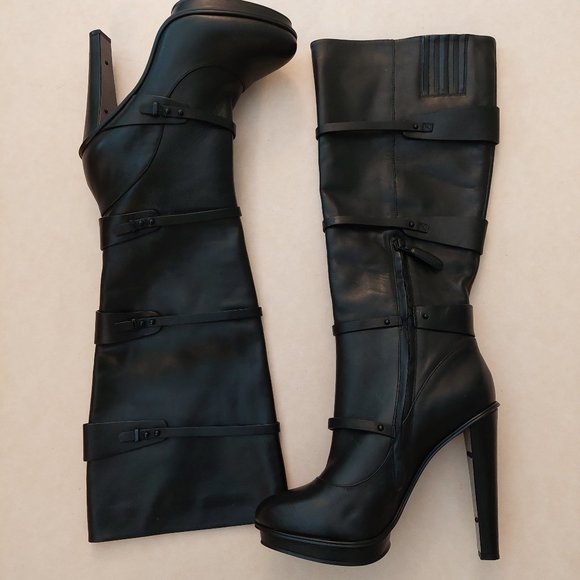 BCBGMAXAZARIA Nitza Black Leather Platform High Heel Boots Retail $495 - Picture 3 of 15